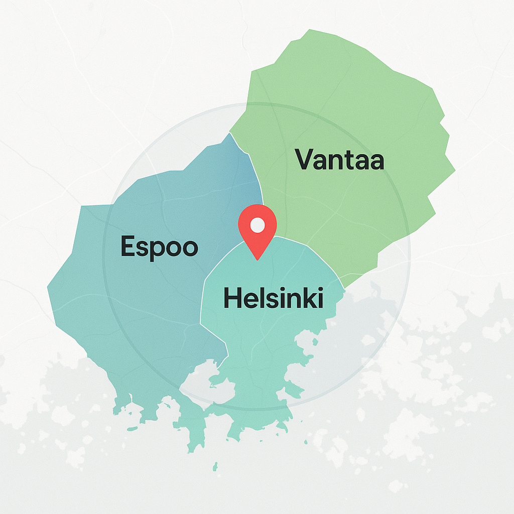 Map showing the cleaning service area around Helsinki, Vantaa and Espoo